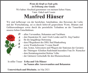 Traueranzeige von Manfred Häuser von Ostthüringer Zeitung