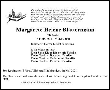 Traueranzeige von Margarete Helene Blättermann