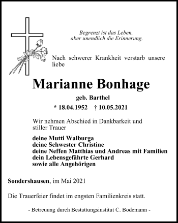 Traueranzeige von Marianne Bonhage