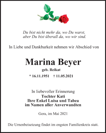 Traueranzeige von Marina Beyer