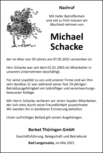 Traueranzeige von Michael Schacke von Thüringer Allgemeine, Thüringische Landeszeitung