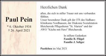 Traueranzeige von Paul Pein von Thüringer Allgemeine