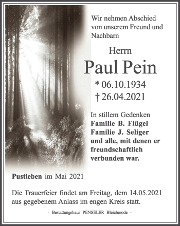 Traueranzeige von Paul Pein von Thüringer Allgemeine