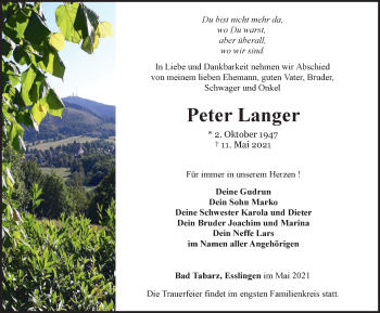 Traueranzeige von Peter Langer von Thüringer Allgemeine, Thüringische Landeszeitung