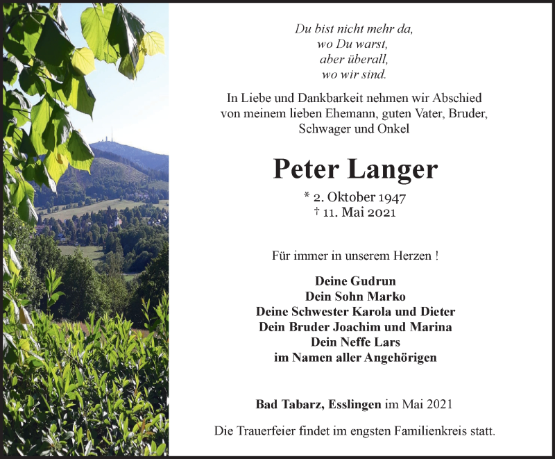  Traueranzeige für Peter Langer vom 19.05.2021 aus Thüringer Allgemeine, Thüringische Landeszeitung