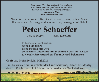 Traueranzeige von Peter Schaeffer von Ostthüringer Zeitung