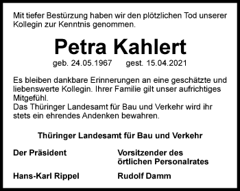 Traueranzeige von Petra Kahlert von Ostthüringer Zeitung