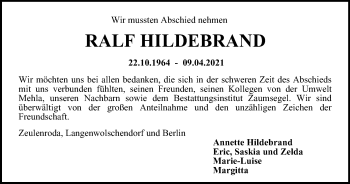 Traueranzeige von Ralf Hildebrand von Ostthüringer Zeitung