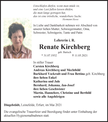 Traueranzeige von Renate Kirchberg von Thüringer Allgemeine