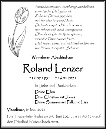 Traueranzeige von Roland Lenzer von Thüringer Allgemeine, Thüringische Landeszeitung