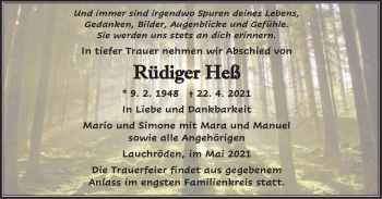 Traueranzeige von Rüdiger Heß von Thüringer Allgemeine, Thüringische Landeszeitung