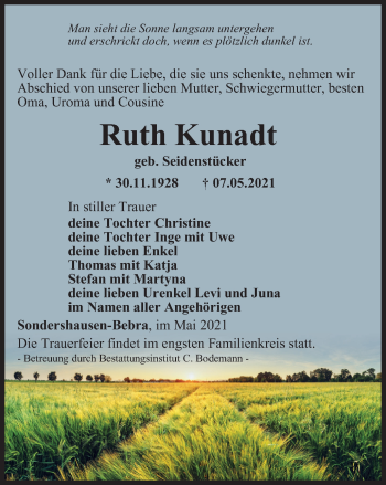 Traueranzeige von Ruth Kunadt