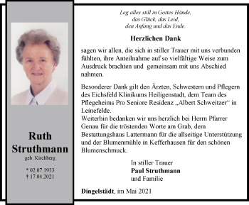 Traueranzeige von Ruth Struthmann von Thüringer Allgemeine