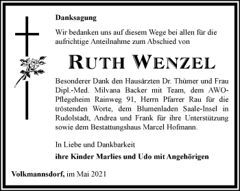 Traueranzeige von Ruth Wenzel von Ostthüringer Zeitung