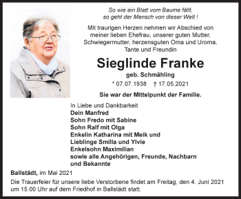 Traueranzeige von Sieglinde Franke von Thüringer Allgemeine, Thüringische Landeszeitung