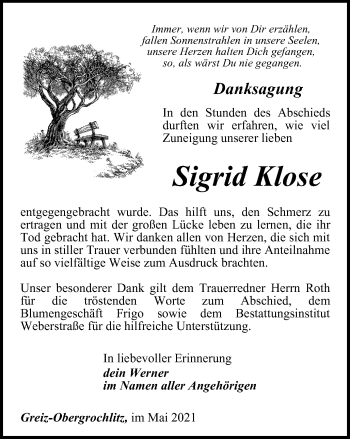 Traueranzeige von Sigrid Klose von Ostthüringer Zeitung