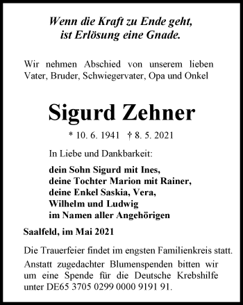 Traueranzeige von Sigurd Zehner von Ostthüringer Zeitung
