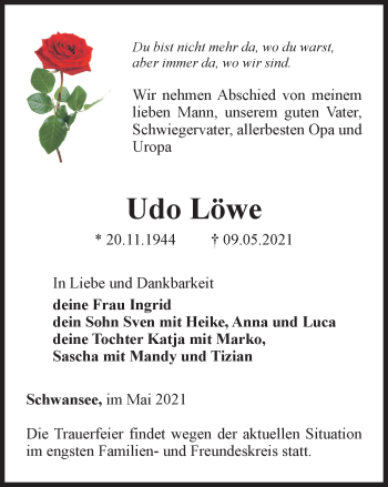 Traueranzeige von Udo Löwe von Thüringer Allgemeine