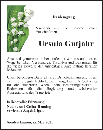 Traueranzeige von Ursula Gutjahr