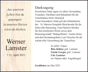 Traueranzeige von Werner Lamster von Thüringer Allgemeine