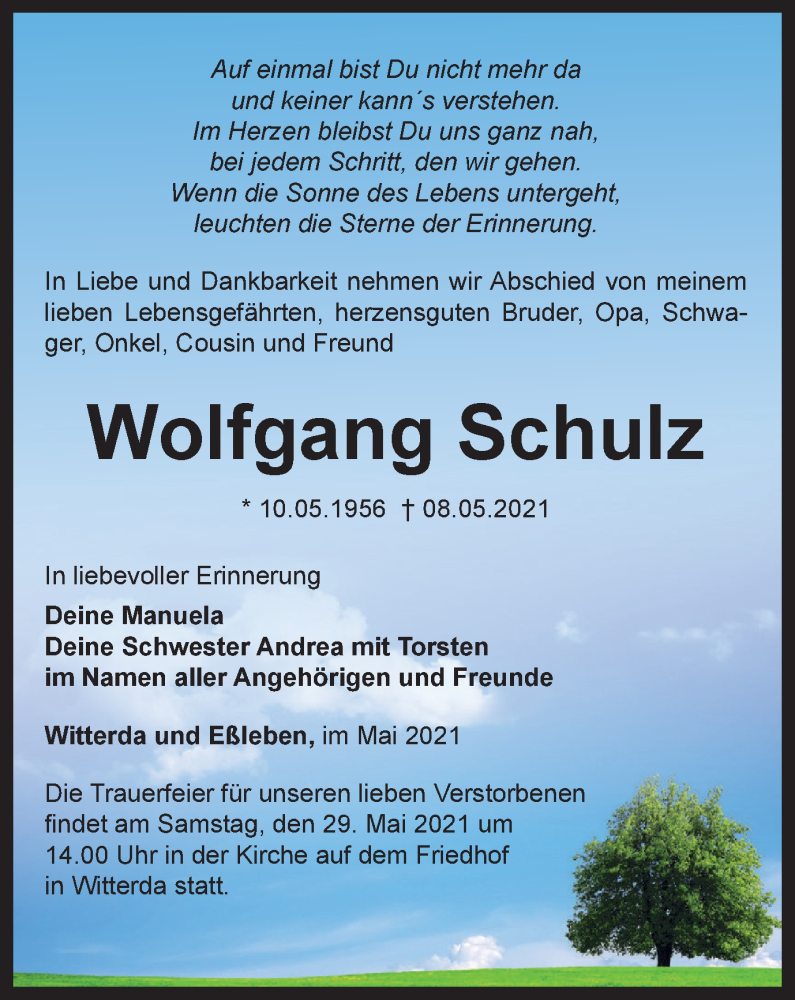  Traueranzeige für Wolfgang Schulz vom 22.05.2021 aus Thüringer Allgemeine