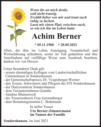 Traueranzeige von Achim Berner von Thüringer Allgemeine
