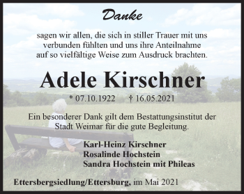 Traueranzeige von Adele Kirschner von Thüringer Allgemeine, Thüringische Landeszeitung