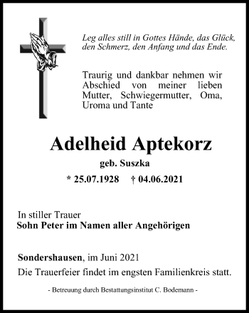 Traueranzeige von Adelheid Aptekorz