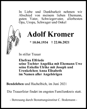 Traueranzeige von Adolf Kromer