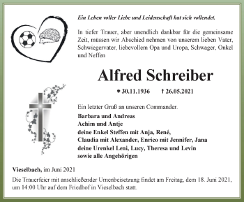 Traueranzeige von Alfred Schreiber von Thüringer Allgemeine, Thüringische Landeszeitung