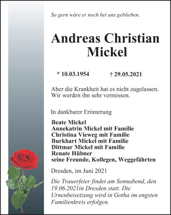 Traueranzeige von Andreas Christian Mickel von Thüringer Allgemeine, Thüringische Landeszeitung