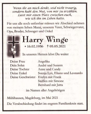 Traueranzeige von Harry Winge von Thüringer Allgemeine