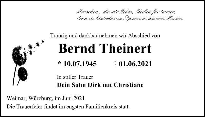  Traueranzeige für Bernd Theinert vom 10.06.2021 aus Thüringer Allgemeine, Thüringische Landeszeitung