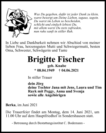 Traueranzeige von Brigitte Fischer