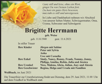 Traueranzeige von Brigitte Herrmann von Ostthüringer Zeitung