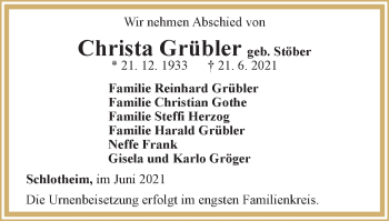 Traueranzeige von Christa Grübler von Thüringer Allgemeine, Thüringische Landeszeitung