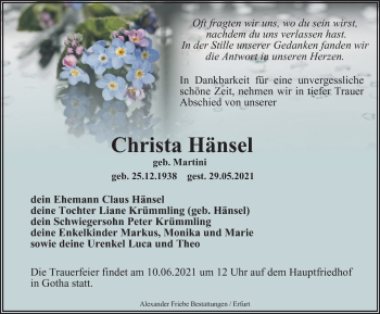 Traueranzeige von Christa Hänsel