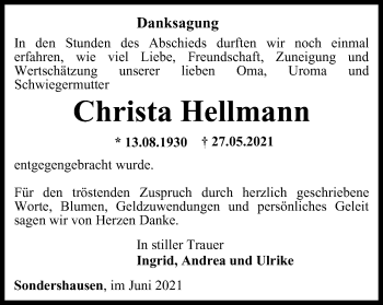 Traueranzeige von Christa Hellmann