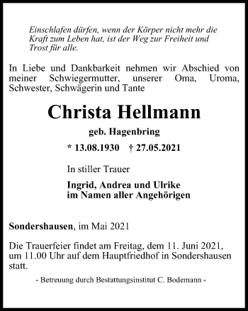 Traueranzeige von Christa Hellmann