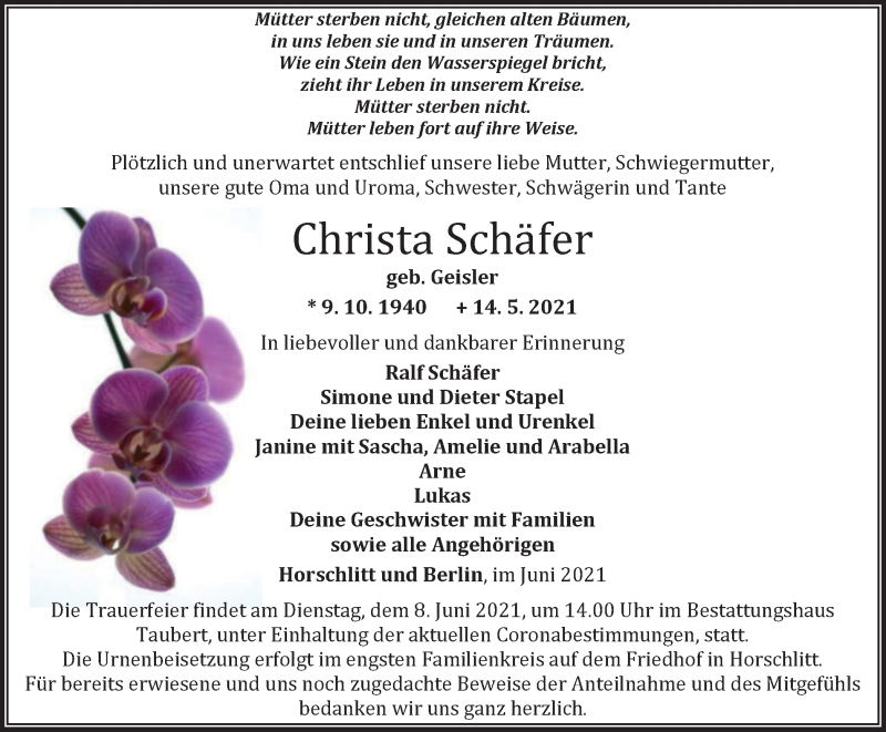  Traueranzeige für Christa Schäfer vom 02.06.2021 aus Thüringer Allgemeine, Thüringische Landeszeitung