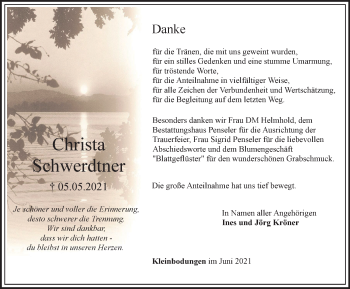 Traueranzeige von Christa Schwerdtner von Thüringer Allgemeine
