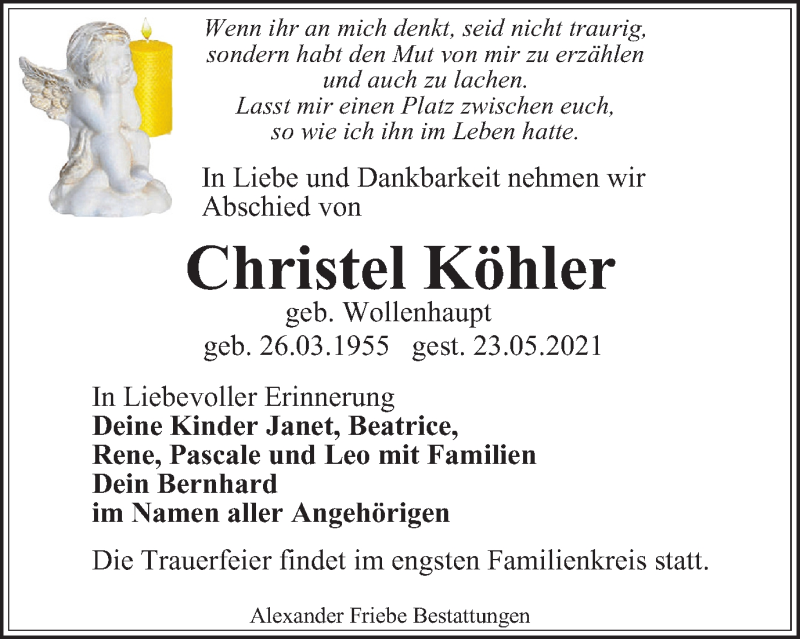  Traueranzeige für Christel Köhler vom 05.06.2021 aus Thüringer Allgemeine, Thüringische Landeszeitung