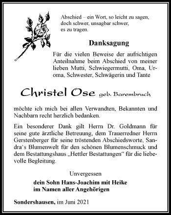 Traueranzeige von Christel Ose von Thüringer Allgemeine