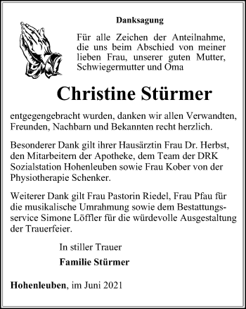 Traueranzeige von Christine Stürmer von Ostthüringer Zeitung