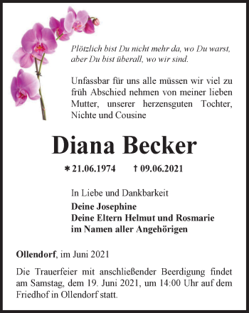 Traueranzeige von Diana Becker von Thüringer Allgemeine, Thüringische Landeszeitung