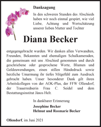 Traueranzeige von Diana Becker von Thüringer Allgemeine, Thüringische Landeszeitung