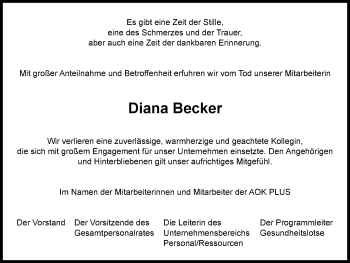 Traueranzeige von Diana Becker von Thüringer Allgemeine, Thüringische Landeszeitung