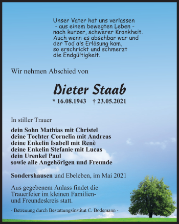 Traueranzeige von Dieter Staab