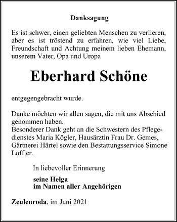 Traueranzeige von Eberhard Schöne von Ostthüringer Zeitung