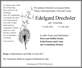 Traueranzeige von Edelgard Drechsler von Thüringer Allgemeine